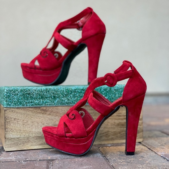 NIB Ruby Red Chunky Heel Peep Toe Platform Sandals - Picture 3 of 6